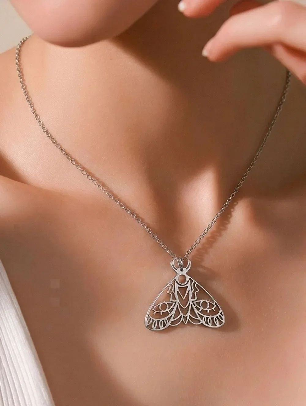 Silver Filigree Moth Necklace Stainless Steel Evil Eye Celestial Nature Pendant